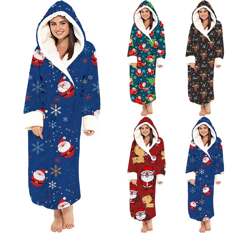 Buy Christmas Printed Long Sleeve Hooded Dressing Gown Ladies Warm ...