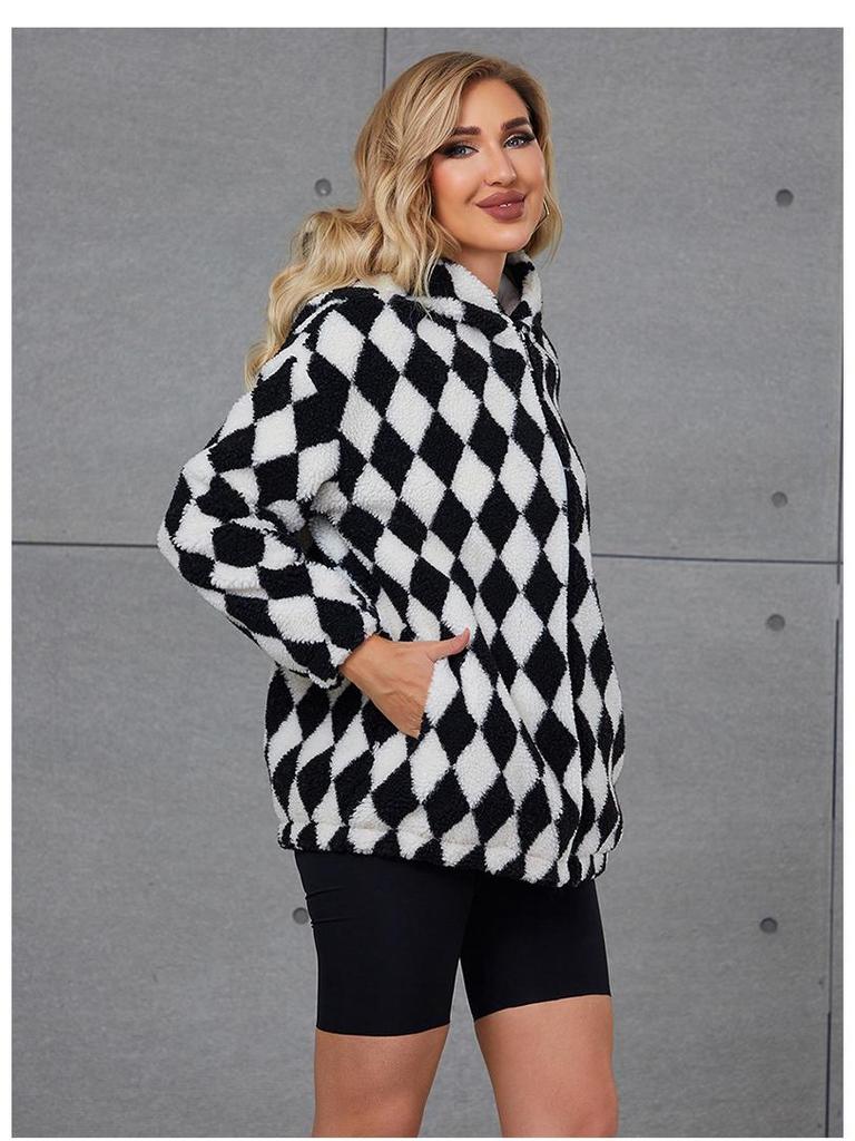 2022 European & American Women's Hooded Faux Fur Plaid Coat