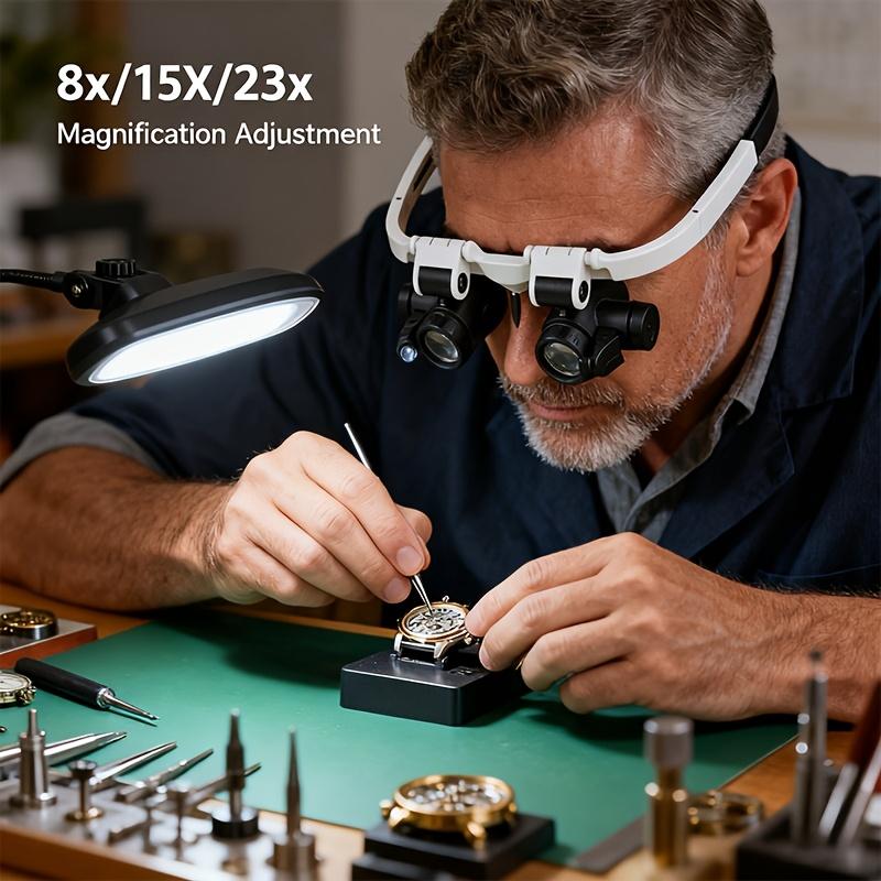 Belt LED Head-mounted Magnifying Glass with Light, Rechargeable Head-mounted Magnifying Glass 8X/15X/23X Optical Magnifying Glass with Lenses, for