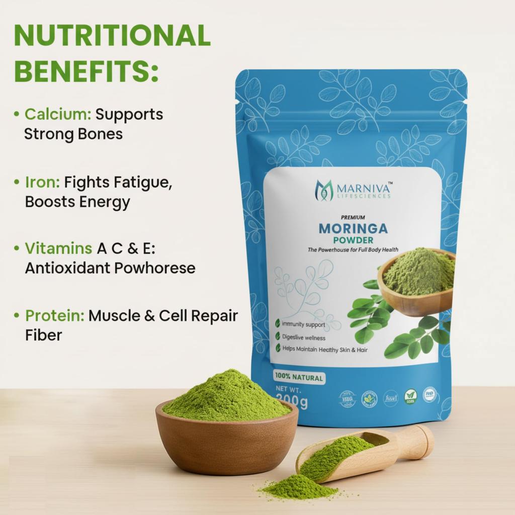 MARNIVA LIFESCIENCES Organic Moringa Powder 200g – Pure Drumstick Leaf Powder | Non-GMO Green Superfood for Smoothies, Tea & Recipes | Rich In Ir
