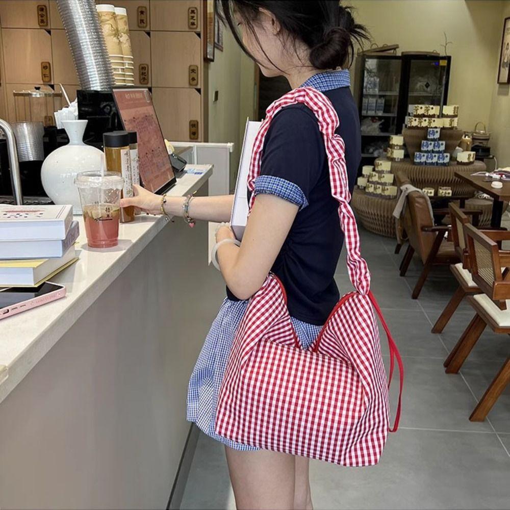 Drawstring Canvas Crossbody Bag Y2k Underarm Bag Fashion Plaid Shoulder Bag Women