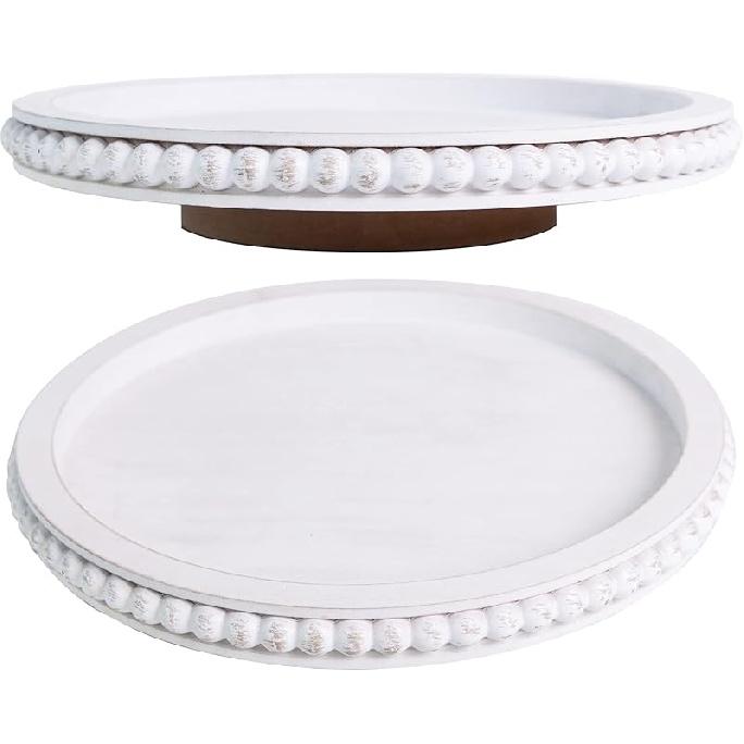 HPC Decor 12Inch Beaded Lazy Susan- Wooden Lazy Susan Organizer for Farmhouse Table Decor, Round Turntable for Table Cabinet,Countertop- Kitchen 12inch White