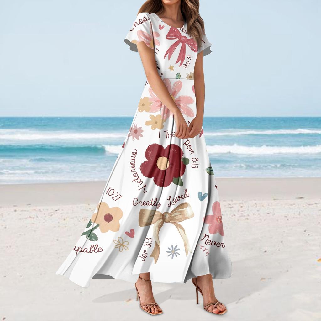 Damenkleid mit Hawaii-Print, lässig, Rundhalsausschnitt, kurzärmelig, hohe Taille