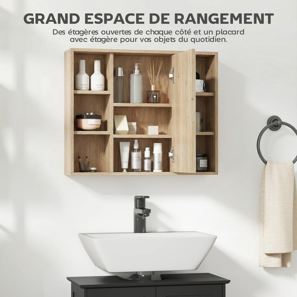 Bathroom Cabinet with Mirror, Doors, 6 Open Compartments, 60 x 14.5 x 49.4 cm, Natural Wood