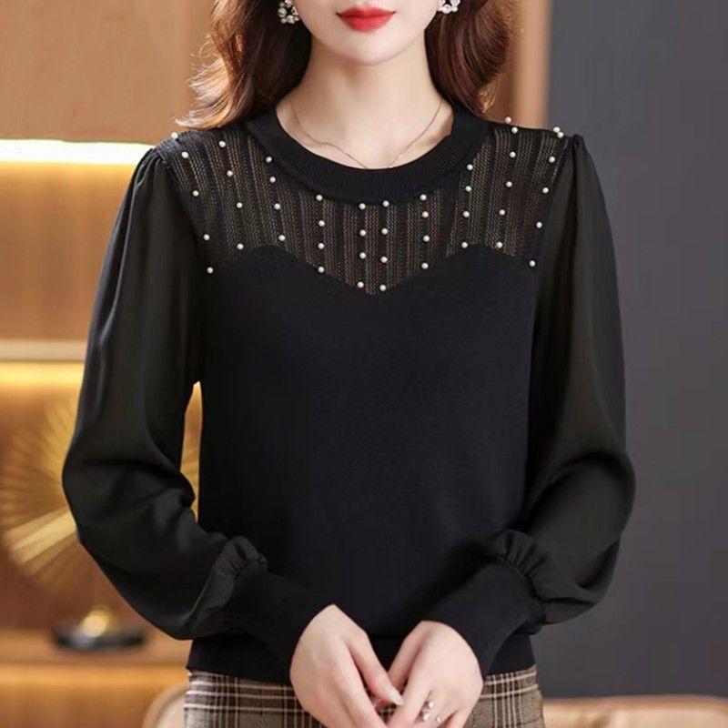 Pullover Spring and Summer Women 2023 New Chiffon Spliced Knitwear Women Loose and High Grade Long Sleeve Pullover Female Top