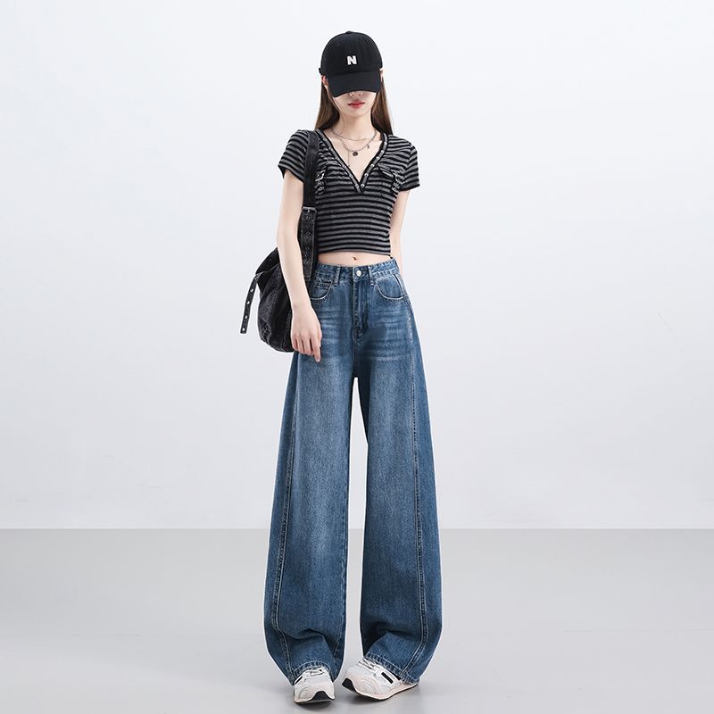 Spring Summer Vintage High Waist Relaxed Floor Drape Saber Cut Trendy Wide Leg Denim Pants Ladies Casual Pants Oversize Denim Trousers