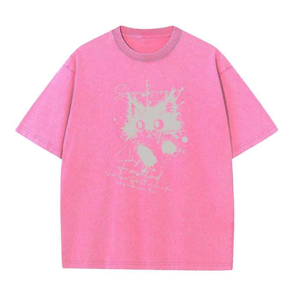 Spring Summer New Washed TShirt Loose Fitting Casual Cat Print Pure Cotton Crew Neck Short Sleeve Retro Street Style