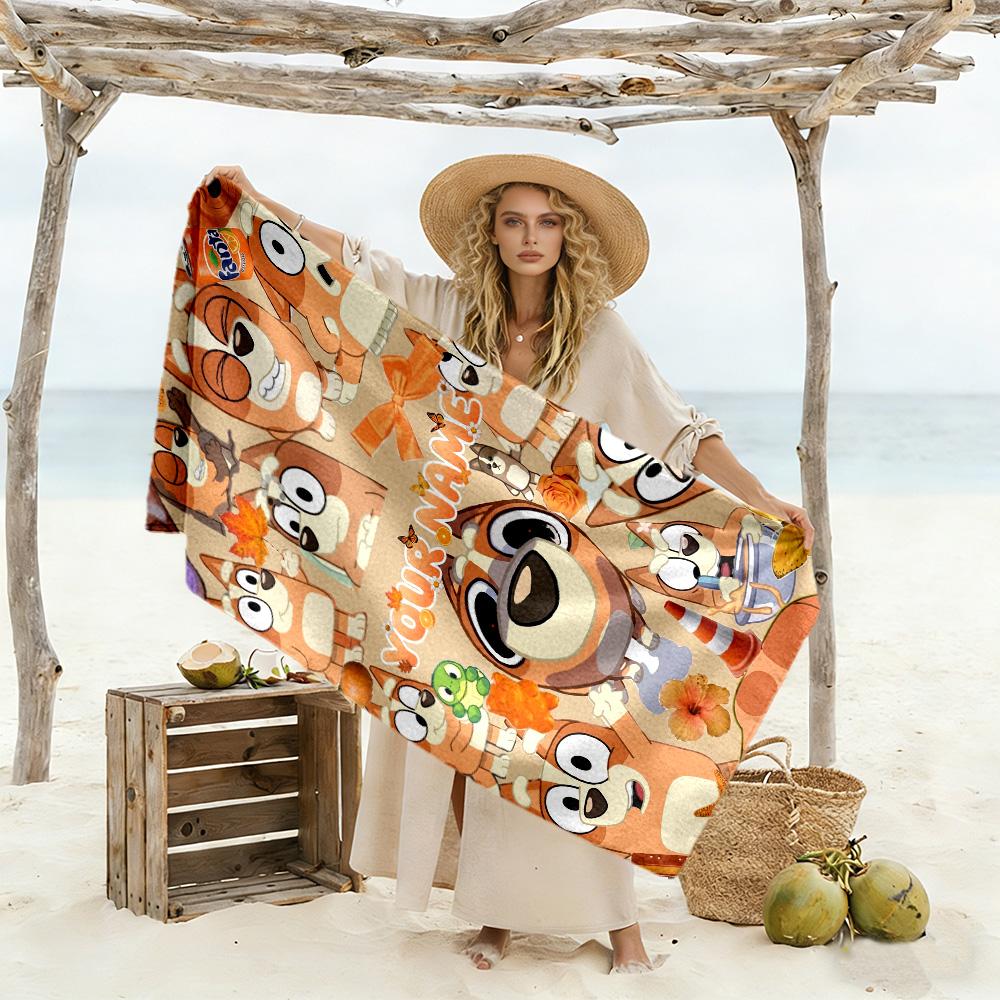 Bluey Personalized Name Beach Towel Soft Durable Quick-Dry Perfect for Traveling Yoga Camping and Swimming
