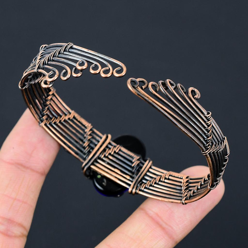 Natural Blue Fire Labradorite Gemstone Copper Wire Wrap Bangle Adjustable O7e47