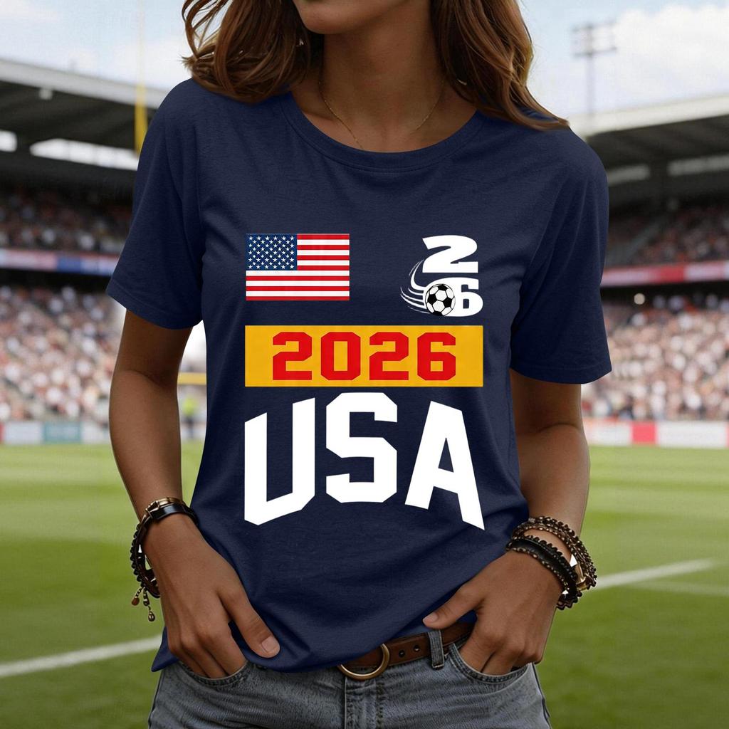 Women's Casual Short Sleeve T-Shirt Fashion Soccer World Cup Printed Crew Neck Top Lightweight Comfortable Fit USA 2026 Design