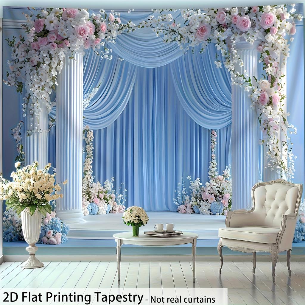 Blue Wedding Arch Tapestry, Floral Decoration With Pink And White Roses, Romantic Wall Hanging For Bedroom Living Room
