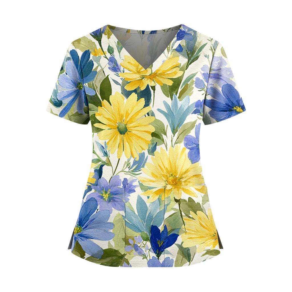 Women's floral print V-neck double pocket short-sleeved uniform/caregiver top with slits at the hem