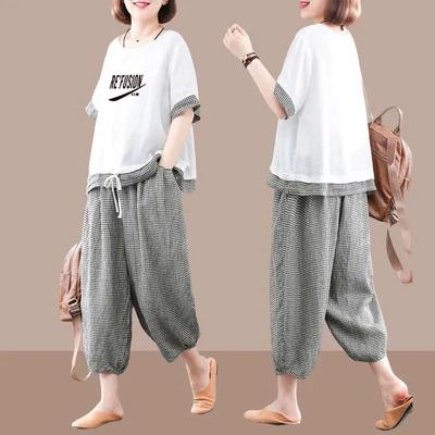 Women Suit 2PC Set Cotton T-shirt and Pants Cotton Oversize Loose Casual Summer Suit Two Pieces Top Pants
