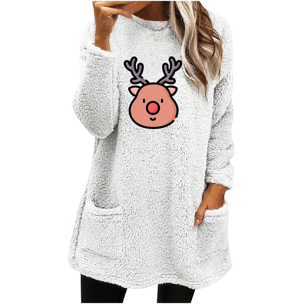 Women's Christmas Deer Print Fleece Sweatshirt, Loose Fit, Long Sleeve, Round Neck, with Pockets.