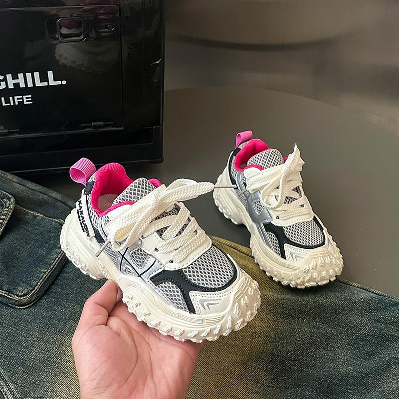 2026New autumn color-blocked sports shoes for girls, mesh running shoes for children, casual shoes for boys