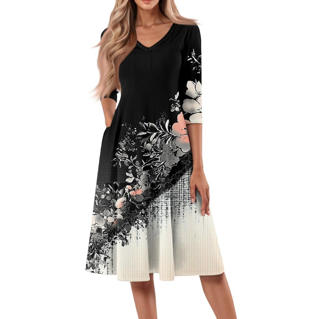 Women's Casual Fashion V Neck Three Quarter Sleeve Print Midi Dress