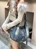 Washed Denim Rivet Shoulder Bag for Women Handbags Large Capacity Shopping Bag Big Female Crossbody Bags Soft Jeans Casual Totes
