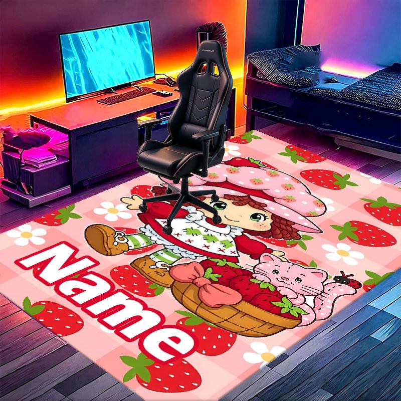Custom Name Personalized Strawberry Shortcake Print Carpet, Versatile Home Decor Rug, for Playroom, Apartment, Balcony, Entryway, Hallway Gift