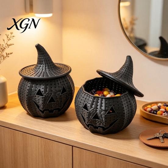 Functional Witch Theme Ornament Halloween Pumpkin Candy Jar, 3D Printed Woven Storage Container with Hat Lid, Ghost Face Desktop Ornament, Festive