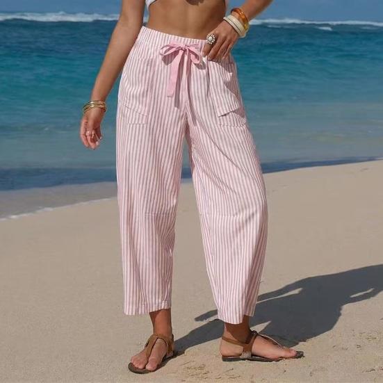 Summer Pants, Casual Wide Leg Trousers for Women, Elastic Drawstring Waist Long Trousers with Striped Print, for Everyday Wear