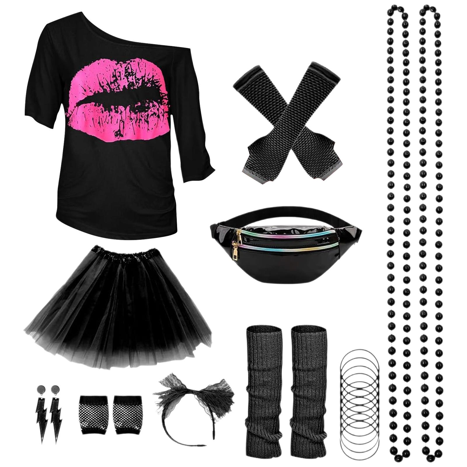 

80s Outfit Women s Set, T-shirt, Belt Bag, Headband, Earring, Necklace, Fishnet Gloves, 80s Clothing Costume Neon Accessories Theme Party Clothes M чёрный