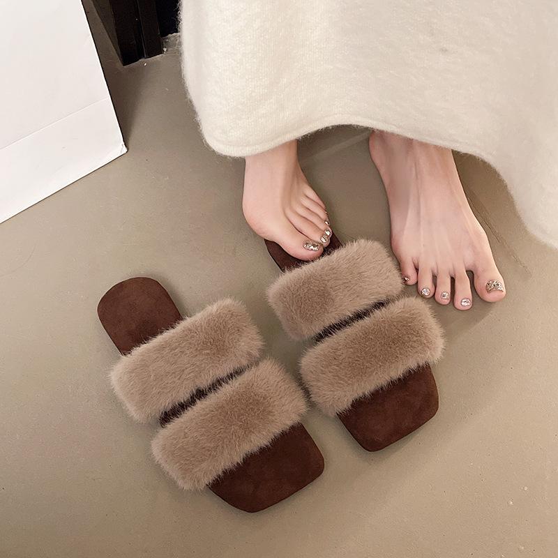 

Французские пушистые тапочки на плоской подошве, женская уличная обувь 2025, новинка осени и зимы, юбка, домашние пушистые хлопковые тапочки на одной подошве 40 хаки