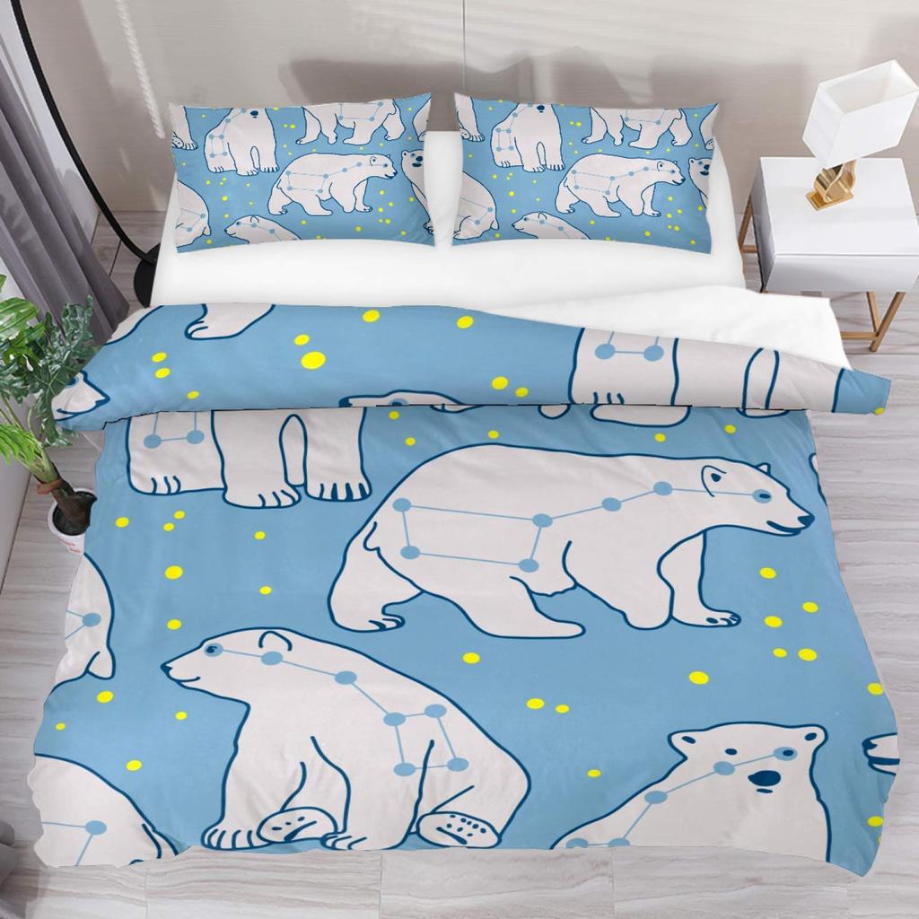 Bear Pattern Bedding Set Polar Bear Duvet Cover for Child Adult,White Bear Snow Mountain Sunset Soft Microfiber Comforter Cover