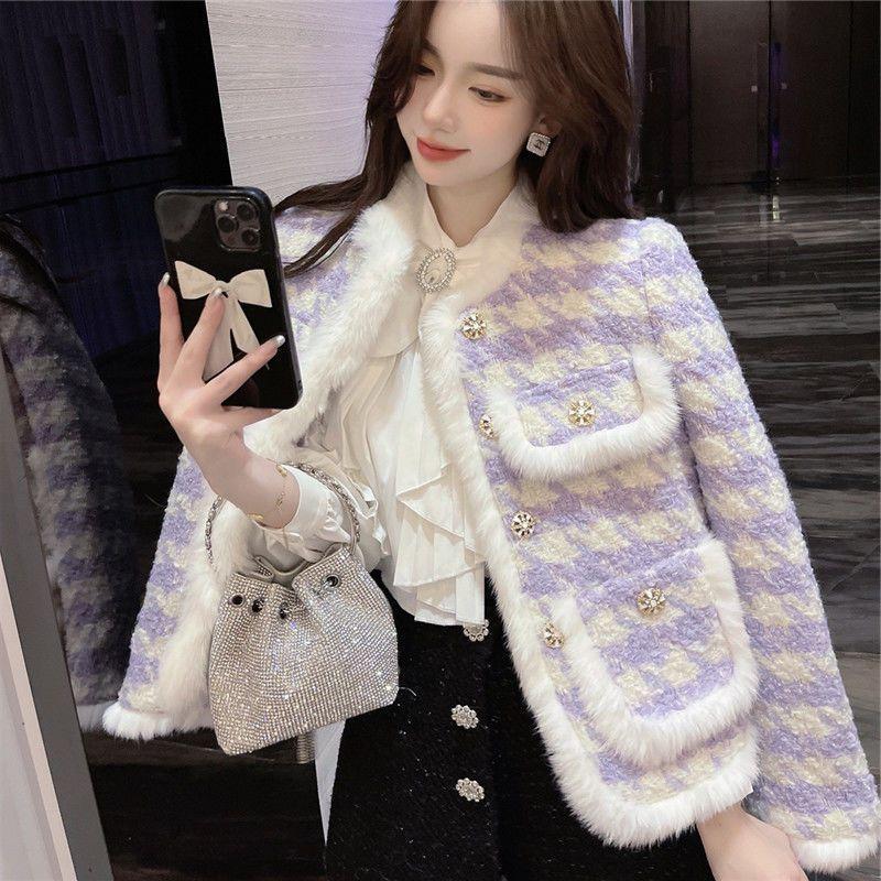 Giacca Elegante da Socialite da Donna in Lana Viola Pied-de-poule Imbottita Spessa Autunno Inverno Cappotto Caldo di Alta Gamma