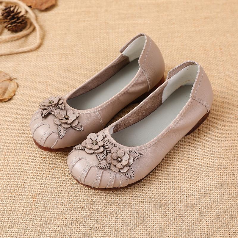 Retro Ethnic Style Genuine Leather Mother Shoes Heel Beef Tendon Sole Comfortable Soft Bottom Layer Cowhide Anti-slip Flower Single Shoes for Women