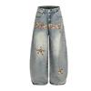 Jean en Denim Coupe Droite Ample Hommes Femmes Avec Broderie Léopard Coton Lavé Vintage Automne