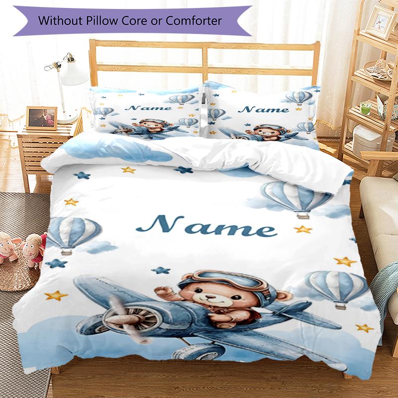 Conjunto de Roupa de Cama com Urso e Nome Personalizado 3 Peças Capa de Edredom com Fecho Inclui 1 Capa de Edredom e 2 Fronhas, Macio e Confortável para Todas as Estações.