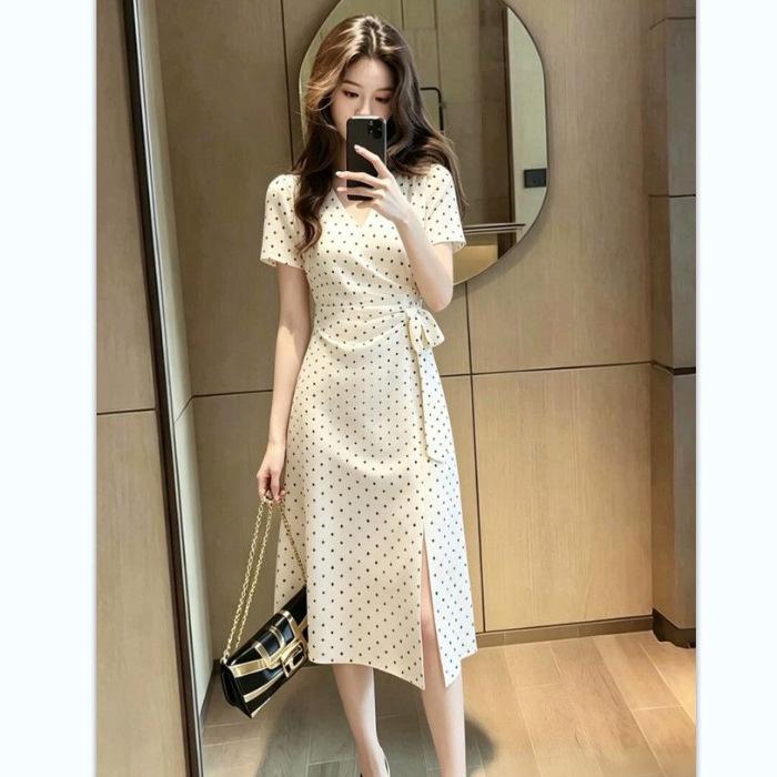 French elegant style fashion polka dot short-sleeved dress new temperament V-neck waist and thin medium and long dress