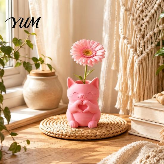 Creative Housewarming Presents 3D Printed Cat Vase, Cute Smiling with Heart?Hand Gesture Flower Holder, Vase Ornaments Animal Shaped Desktop Decor,