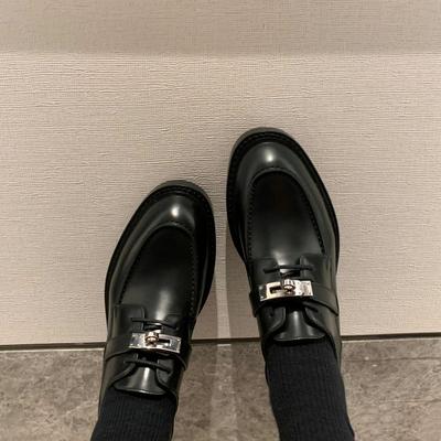 Sheepskin Version~ Leather Lock Black Retro Round Head Loafers Women's Thick Heel British Style Small Leather Shoes Oxford Single Shoes