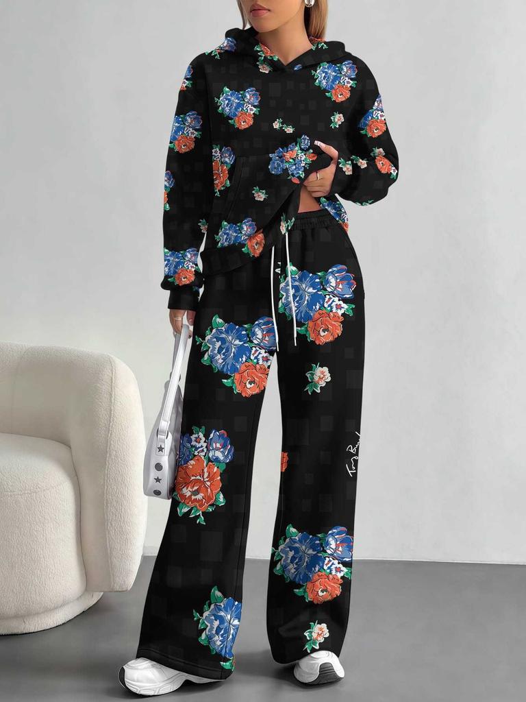 Retro Pattern Splicing European and American Autumn and Winter 1116 Casual Long-sleeved Suit Women's Hooded Sweater Trousers Cover