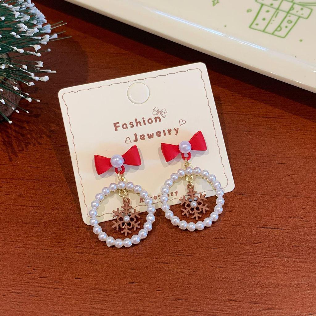 Boucles d'oreilles Stud Festives d'Hiver Dessin Animé Père Noël & Bonhomme de Neige avec Nœud pour Femmes - Bijoux de Fête à Aiguille Argentée