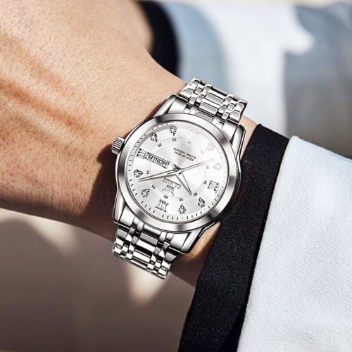 OLEVS Men's Silver Watch, Popular Quartz Movement, Calendar, Waterproof, Stainless Steel, Stylish Brand