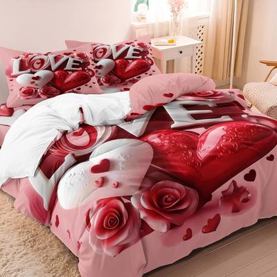 3pcs Valentine'S Day 3D Love Couple Hearts Theme Print Duvet Cover Set Romantic Pattern Bedding Set, Festival Gift