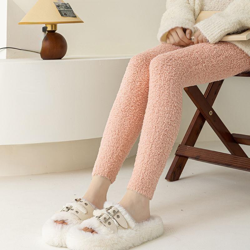 Coral Fleece Sleep Bottoms Women Winter Thicken Warm Skinny Casual Plus Velvet Sleepwear Ankle-length Trousers Simple Cozy Daily