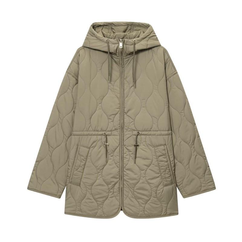 Womens Hooded Quilted Jacket Winter Streetwear Loose Fit Brown Green Solid Color Long Sleeve Mid-Length Coat