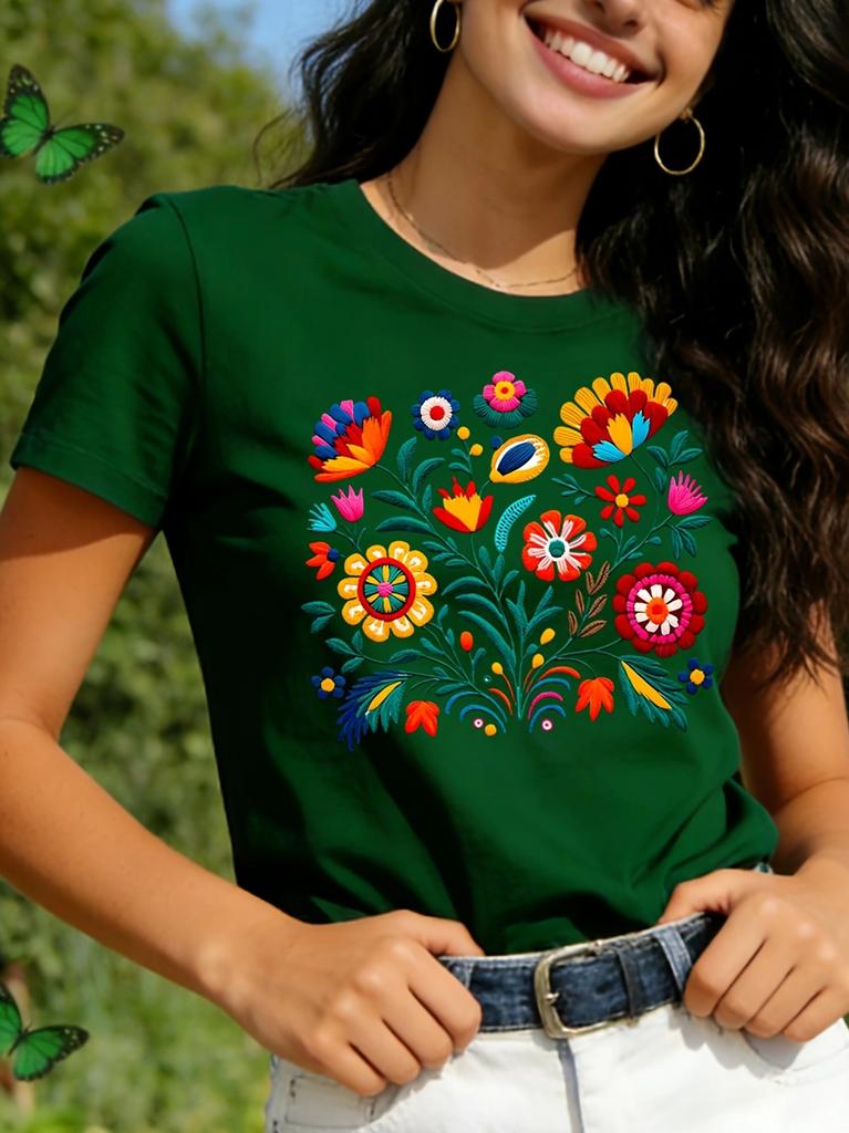 Mexican Embroidery Floral Women's Tee - Vibrant Folk Art Graphic, Casual Black Top