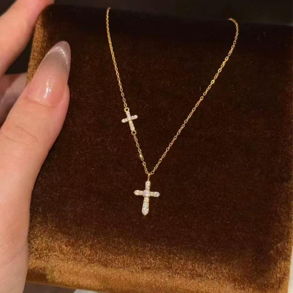 Exquisite Doppelkreuz-Diamant-Anhänger-Halskette für Damen - Vielseitiges, Glänzendes Schlüsselbein-Pulloverketten-Accessoire