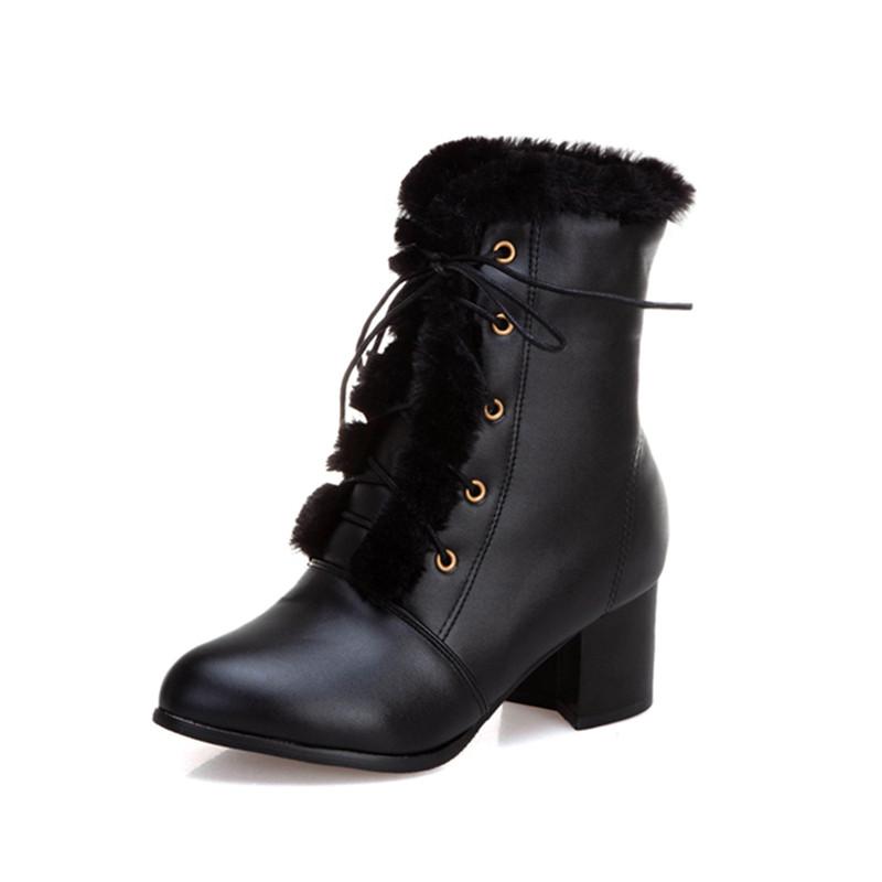Fashion 2025 Autumn Winter Fur Women Ankle Boots Quality Solid Lace-up Ladies Shoes Fashion Square High Heels Boats Botines Mujer 33