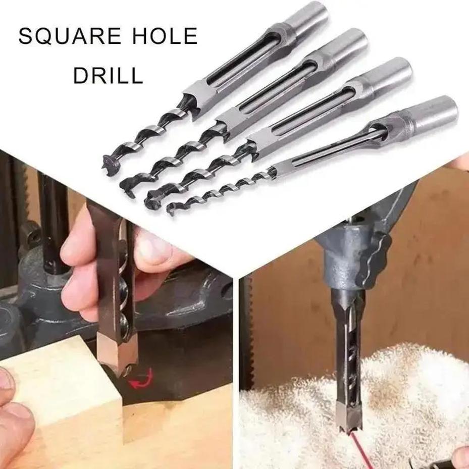 1/4” 5/16” 3/8” 1/2” 4PCS/Set Woodworking Square Drill Bit Wood Mortising Chisel Countersink Drill Bits Hole Saw Power Tool Kit