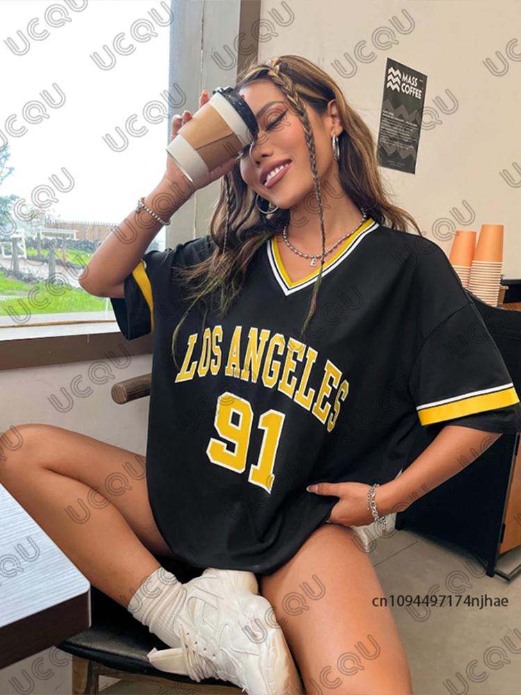 Summer New Los Angeles 91 Print T-Shirt For Women V-Neck Patchwork Short Sleeve Sports Football Jersey Y2K Loose Oversized Tops