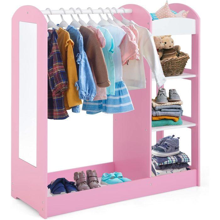 GINGER HOME – Portant enfant avec miroir, penderie ouverte avec étagères et tringle, rose, 94×38×100 cm
