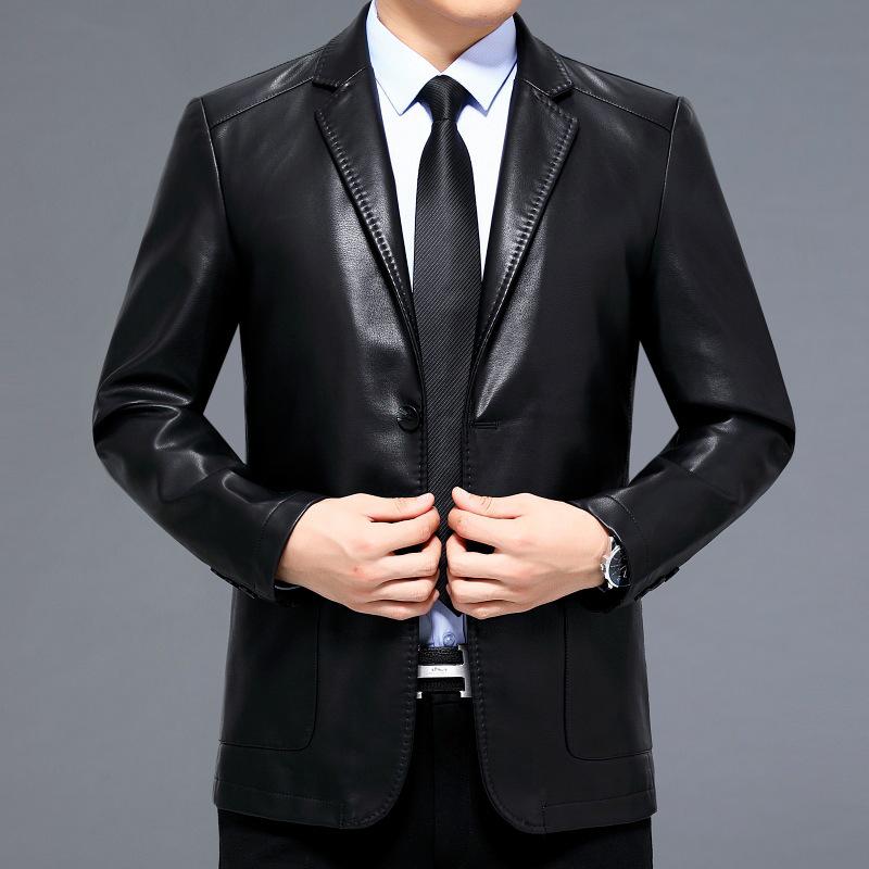 2025 New Men's Slim-Fit Casual Leather Jacket with Suit Collar - Middle-Aged Korean-Style Dad's Coat