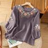 Ladies Shirt Spring Summer Round Neck Embroidered Women's Blouse Elegant Linen Lady Loose