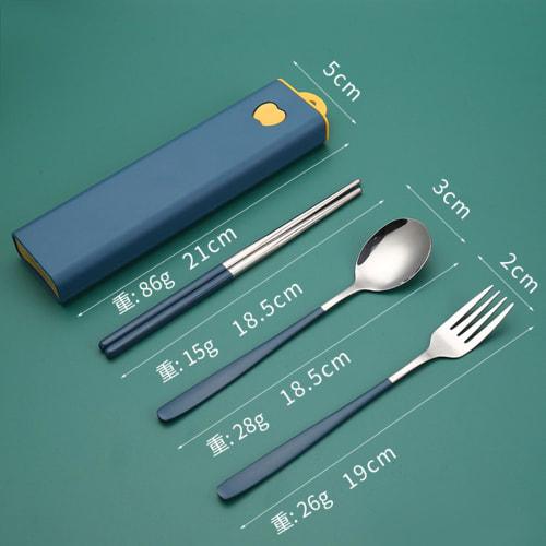 Stainless steel 3-piece cutlery set featuring chopsticks, fork, and spoon, with case. Portable and hygienic, perfect for students and adults, perfect