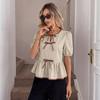 European & American Color Block Bow Tie Lace-up Pullover Short Sleeve Women's Top - Summer 2026.